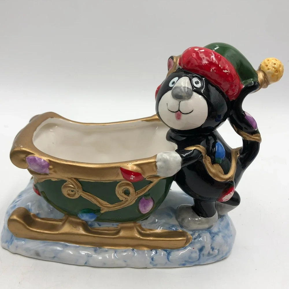 WCL Black Cat Sleigh Sled VINTAGE CHRISTMAS Winter CERAMIC BOWL PLANTER